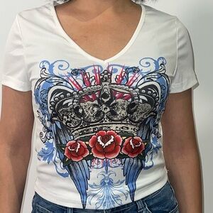 White Graphic V-Neck Top